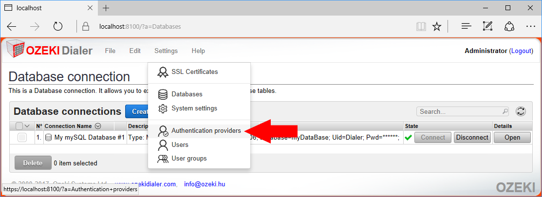 selecting authentication providers from the settings menu