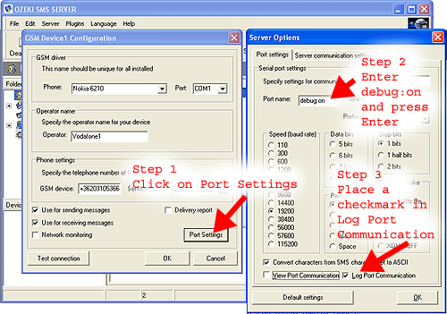 how to turn on debuging in ozeki sms server