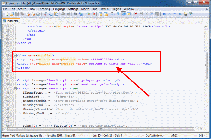 form for sending an sms message