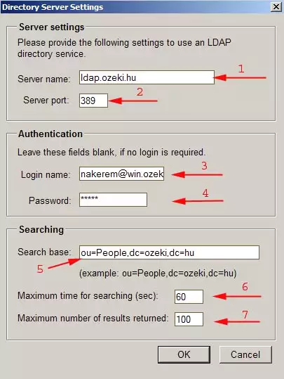how to set directory server settigns in ozeki message server