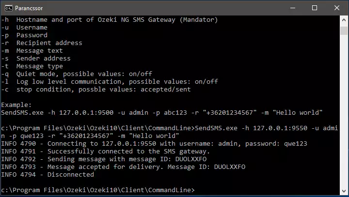command line sms client receiving information from ozeki sms gateway