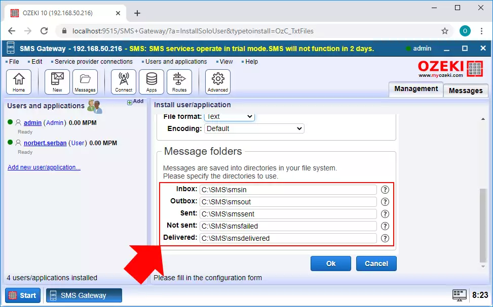 configure the location for sms files