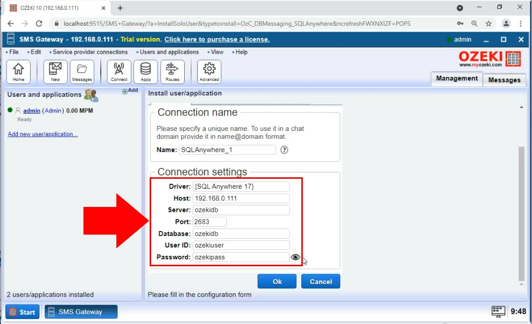 define the sql anywhere database connection details