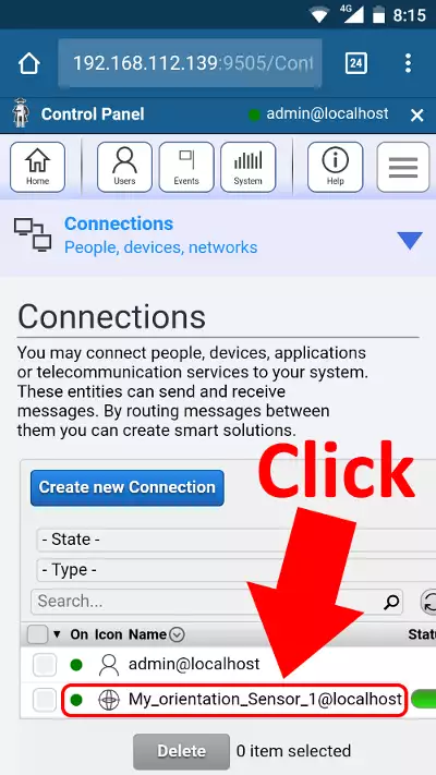 click on the orientation sensor connection