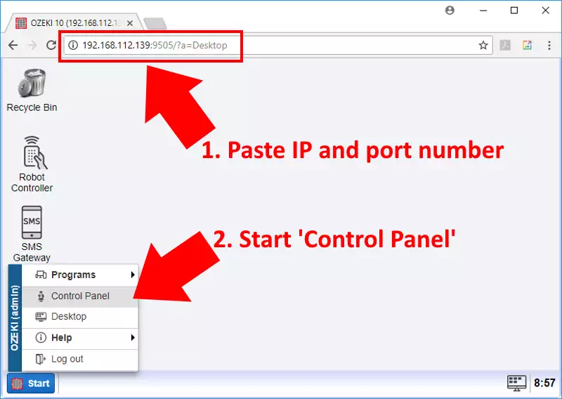 paste the ip address, type the port number and start control panel