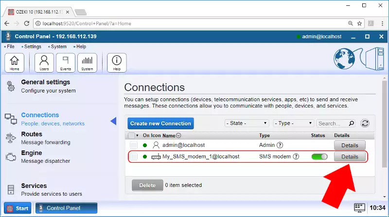 click details right to the freshly created sms modem connection