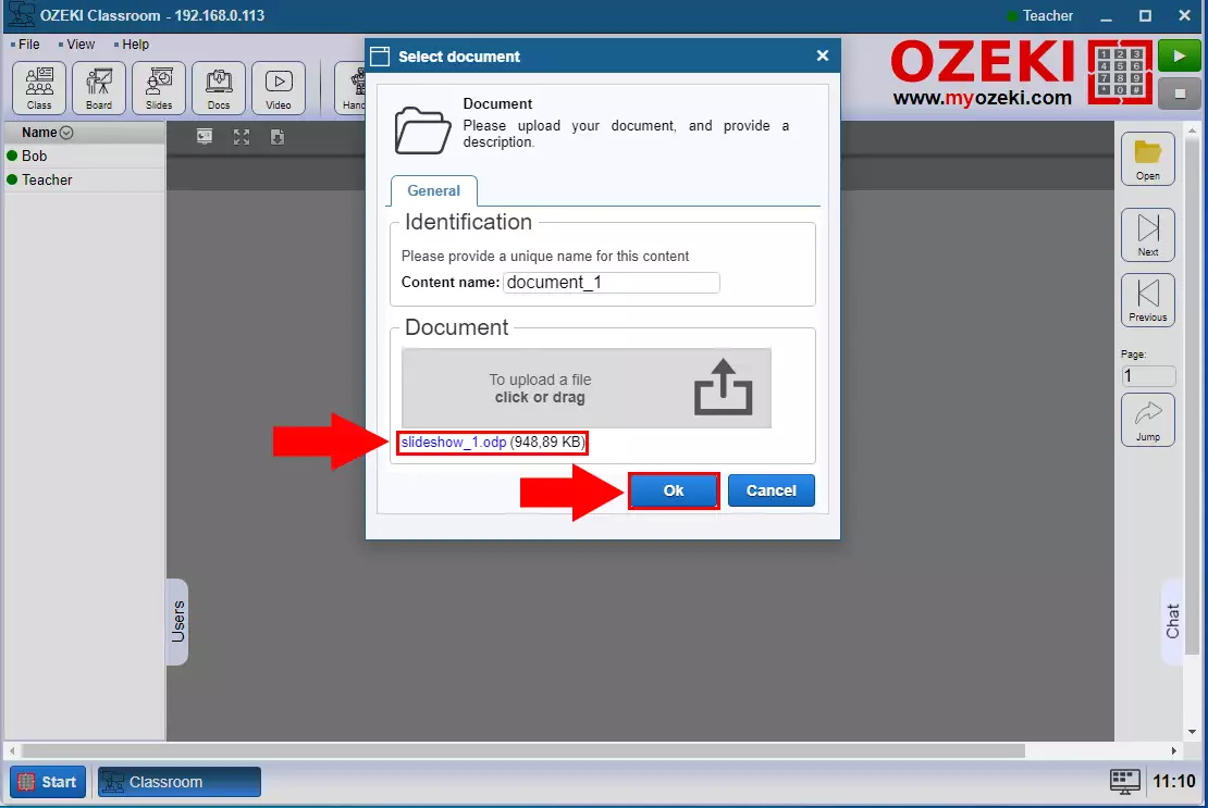 how to upload an odp file in ozeki virtual classroom