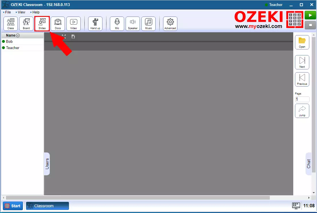how to open slides page in ozeki virtual classroom