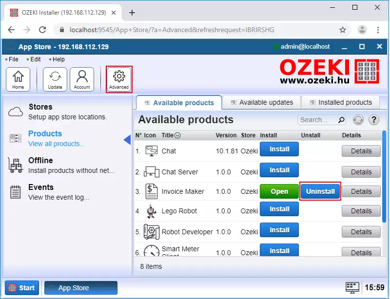 uninstall a product in ozeki installer