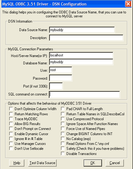 how to set the dns configurations in odbc data source administrator