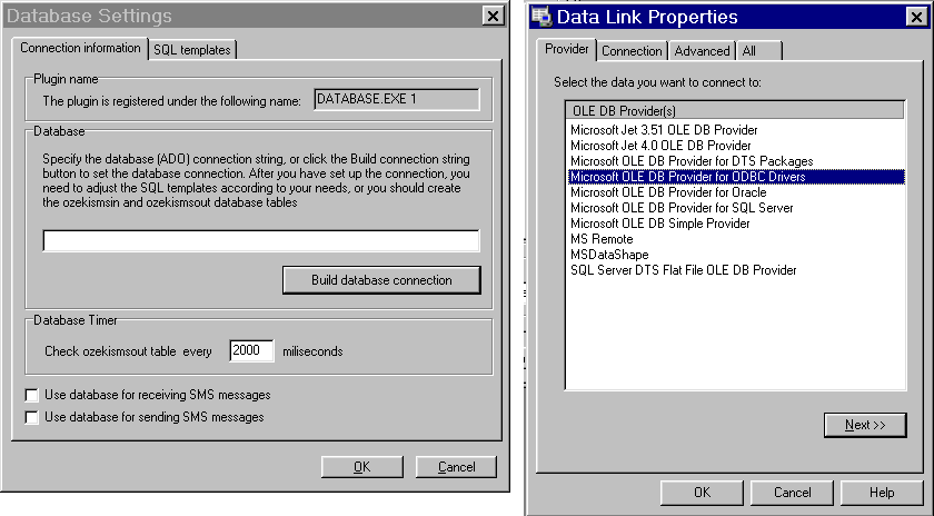 ozeki sms database plugin configuration