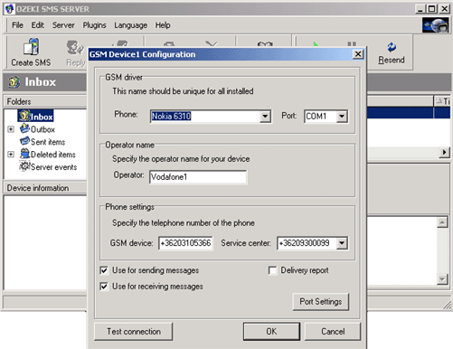 ozeki sms server device settings