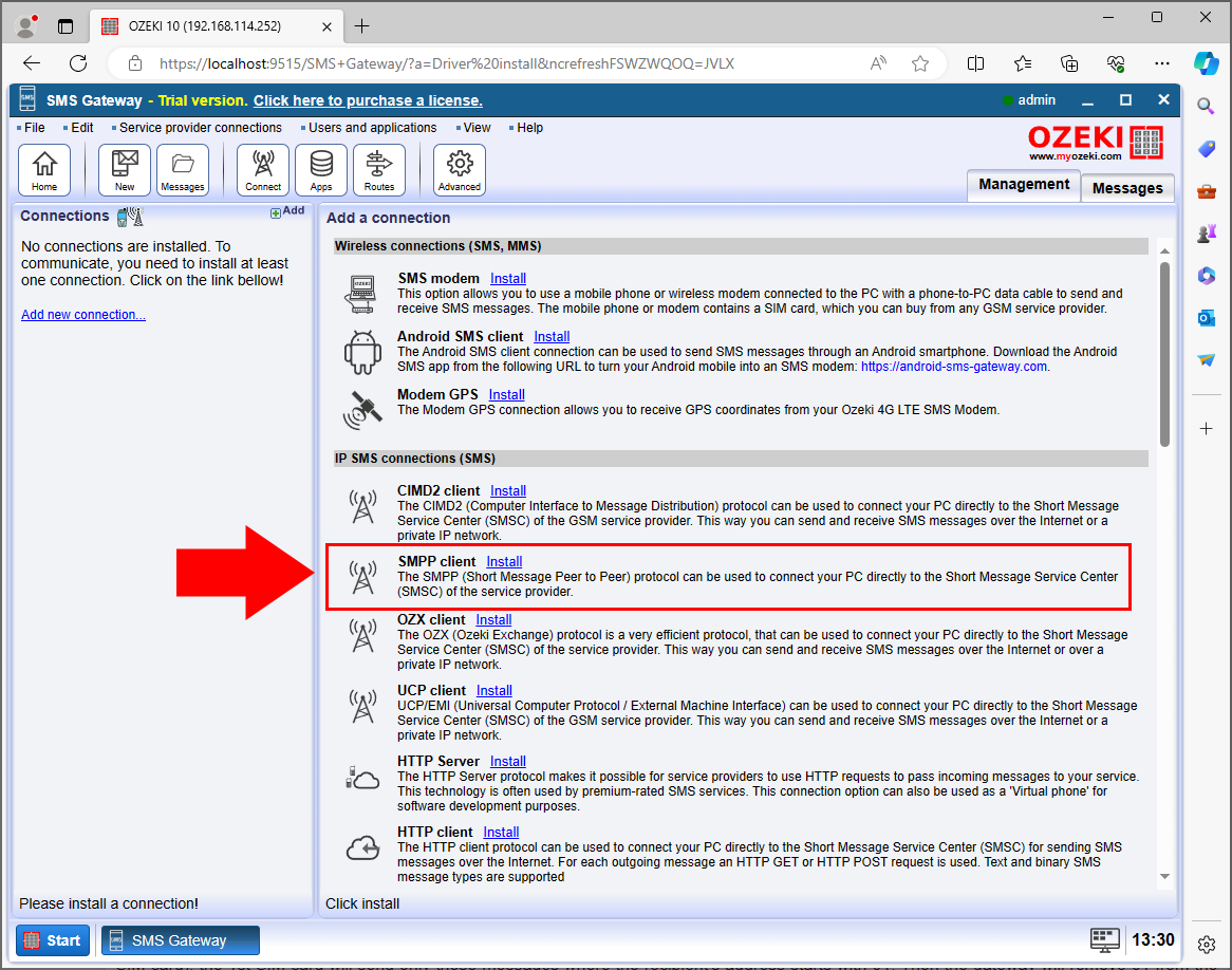 Install SMPP connection