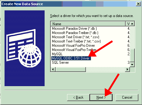 selecting the driver to set up a data source