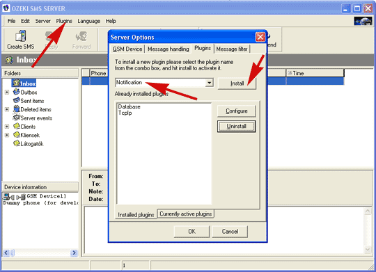 how to install notification plugin in ozeki sms server