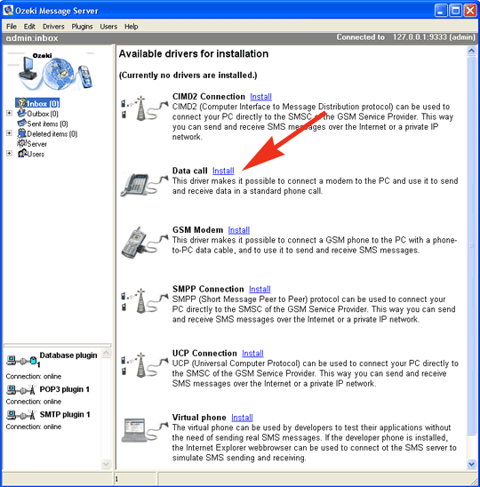 installation of data call driver in ozeki message server