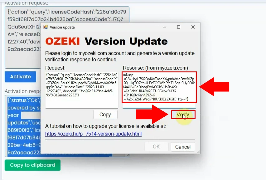 Version update verification screen in the Installer: Verify with the response