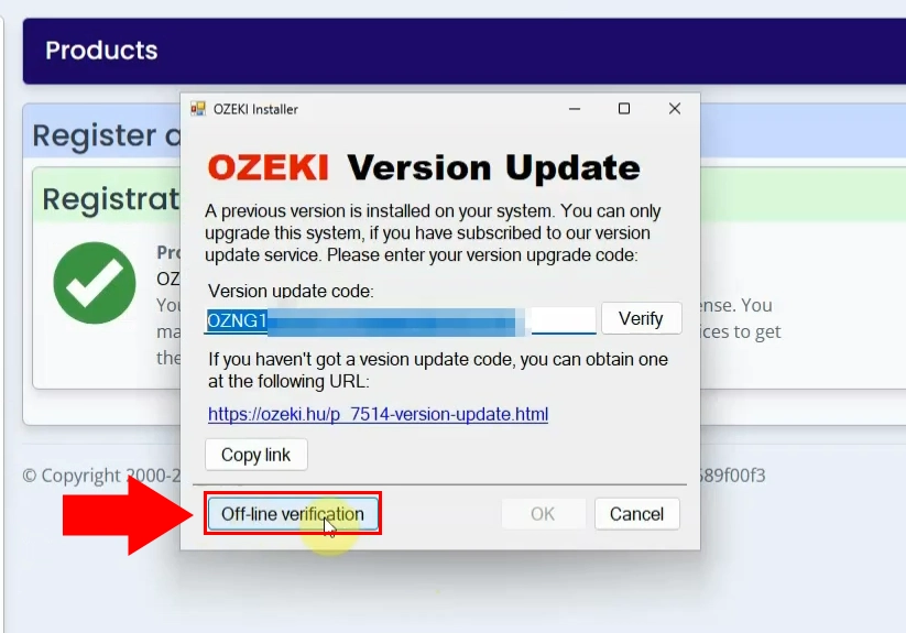 Version update verification screen in the Installer: Select Off-line verification