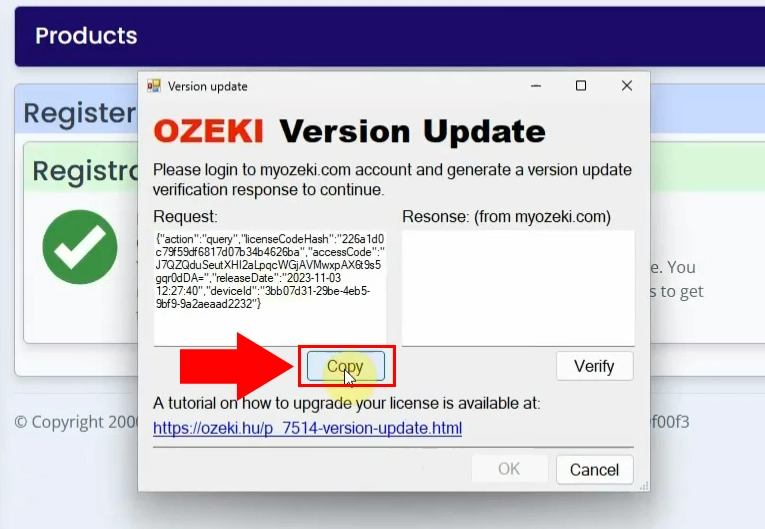 Version update verification screen in the Installer: Copy verification request