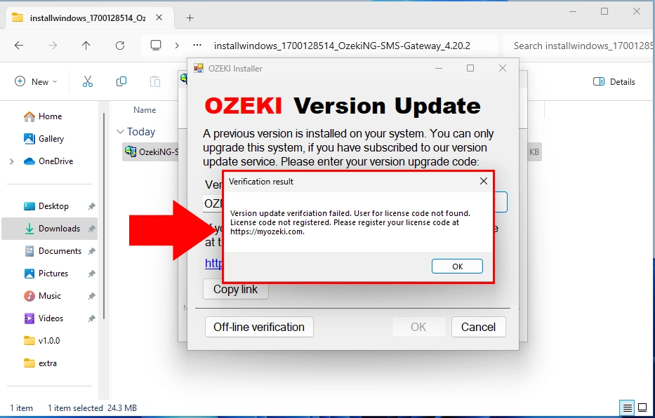 Version update verification screen in the Installer: Failed verification